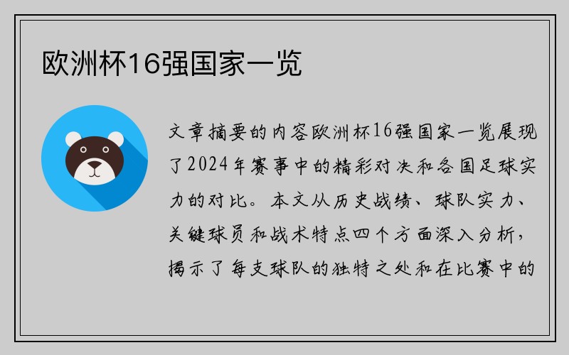 欧洲杯16强国家一览