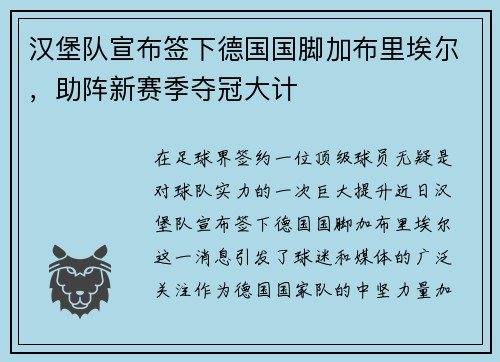 汉堡队宣布签下德国国脚加布里埃尔，助阵新赛季夺冠大计