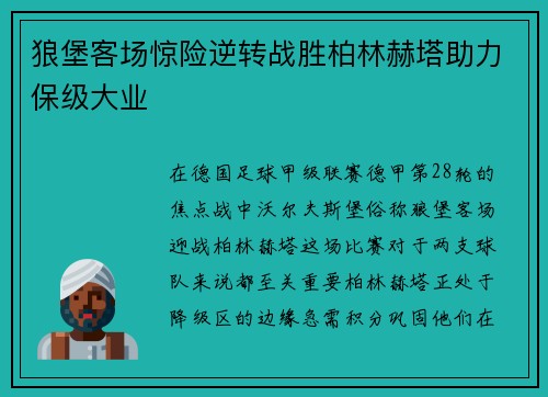 狼堡客场惊险逆转战胜柏林赫塔助力保级大业